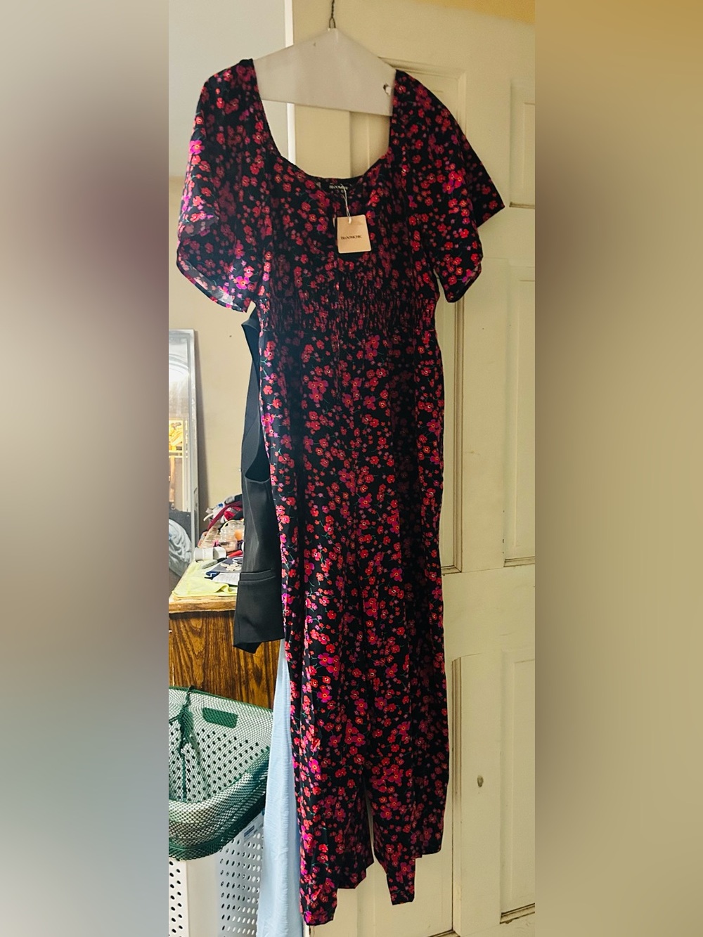 Black Floral Square-Neck jumpsuit with Pink Rose Print